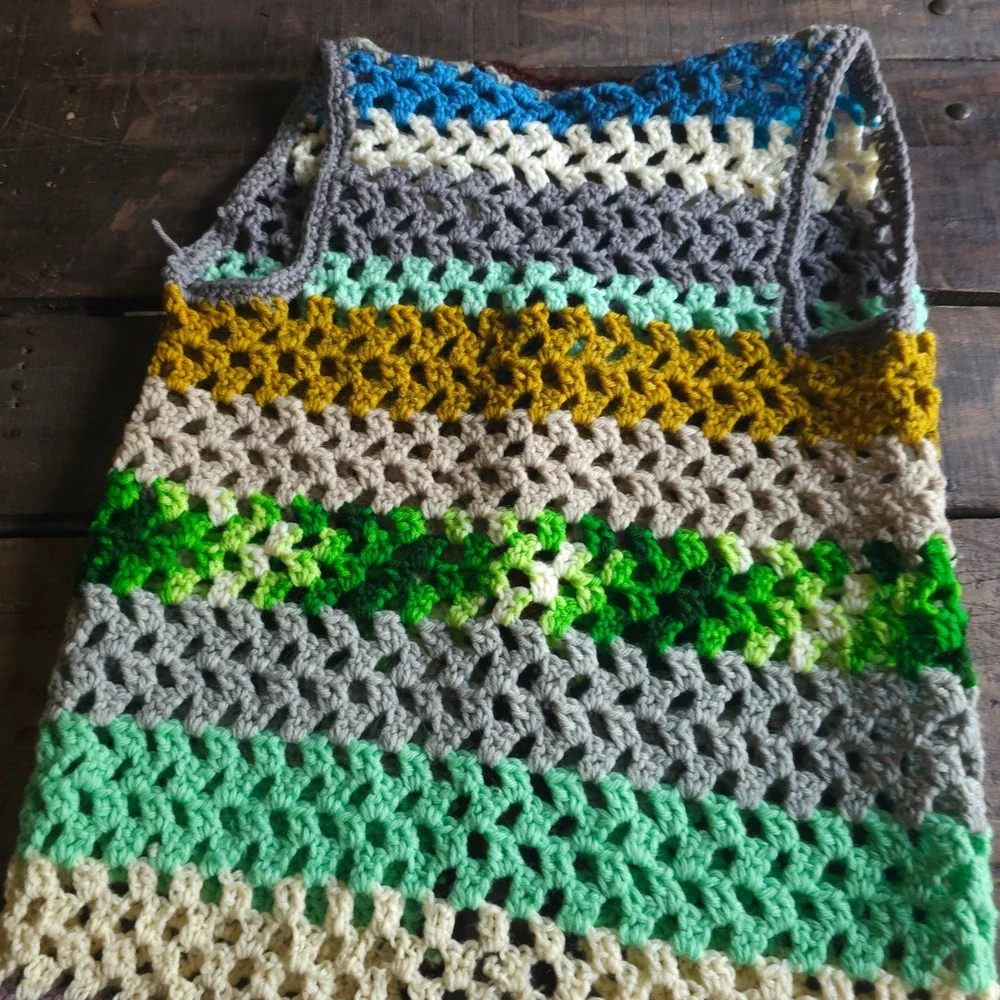 Handmade Crochet Granny Stitch Vest Multi Color Striped Boho Open Front 1970s 60